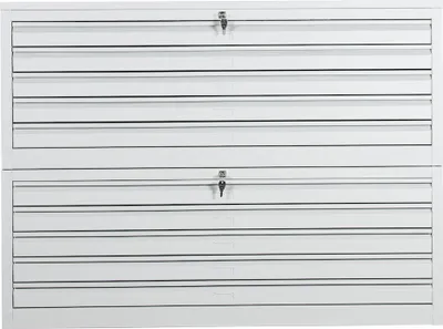 Produktbild von Flachablagenschrank Chinchilla | 10 Schubladen | Schwanenhalsgriff | HxBxT 105x140x95 cm | Metallabdeckplatte | Grau
