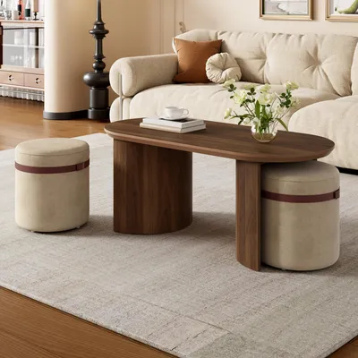 Productafbeelding van MODFU 3-delige salontafelset met een ovale salontafel en 2 ronde, beklede voetenbankjes, moderne eettafel/salontafel met tafelblad van MDF, walnootfineer