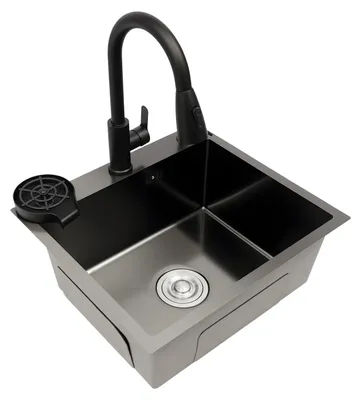 Immagine prodotto di Lavello da cucina - Vasca singola - Acciaio inossidabile - 50 x 45 cm - 1 foro per rubinetto - Con miscelatore - Nero