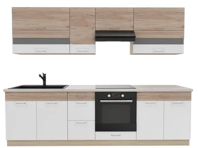Obrázek produktu pro Kuchynská linka 270 cm – ECONO A PLUS – dub Sonoma – bílá lesklá – s pracovní deskou z travertinu – vestavená kuchyne se systémem Soft-Close – kovové zásuvky
