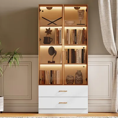 Immagine prodotto di Vetrina MODFU (media), credenza, mobile da bagno, credenza con striscia luminosa, mobile contenitore con 2 grandi cassetti e 2 porte in vetro, bianco