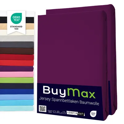 Produktbild von Buymax Spannbettlaken 80x200cm Doppelpack 100% Baumwolle Spannbetttuch Bettlaken Jersey, Matratzenhöhe bis 25 cm, Farbe Aubergine
