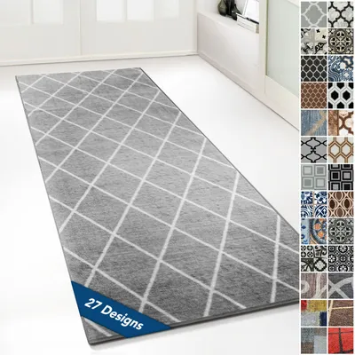 A gray runner rug with a diamond pattern is laid out on a white floor in front of white doors. A collage of various rug designs is shown on the right side of the image.