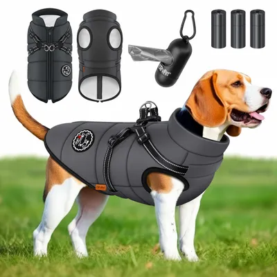 Produktbild von LOVPET® Hundejacke Hundemantel mit Geschirr, inkl. 45 Stück Kotbeutel + Spender, Hunde Winterweste gefüttert wasserdicht, Gepolsterte Weste Mit Brustgurt, Reflektoren , Anthrazit, 5XL