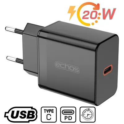 Image de Echos Chargeur rapide USB-C 20W | PD et PPS | Très large compatibilité | Compatible avec Apple iPhone 12/13/14, Samsung Galaxy S20/21/22, Xiaomi 10/11/12, Huawei Mate 20/30 Pro, P40,P30,P20, Redmi, OnePlus, Oppo, et plus encore | Puissance de sortie 5V 3A | Noir