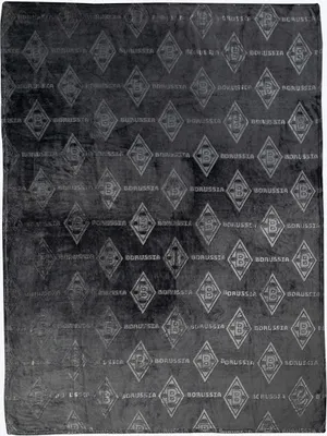 A dark gray blanket with a repeating pattern of diamonds containing the Borussia Mönchengladbach logo and the word 'BORUSSIA'.
