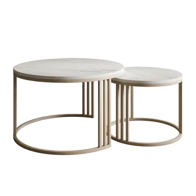 Two nesting coffee tables with marble-like tops and metal frames.