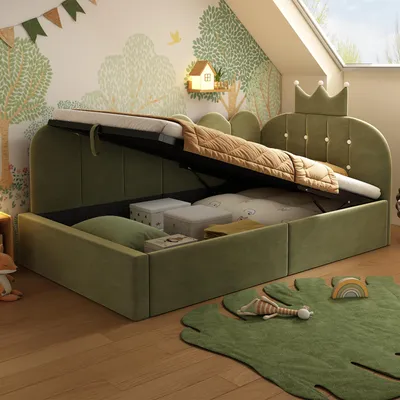 Produktbild von okwish Schlafsofa 90x200 Kinderbett mit hydraulischem Stauraum Polsterbett Einzelbett Kopfteil mit Kronenverzierung Grün (mit Matratze)