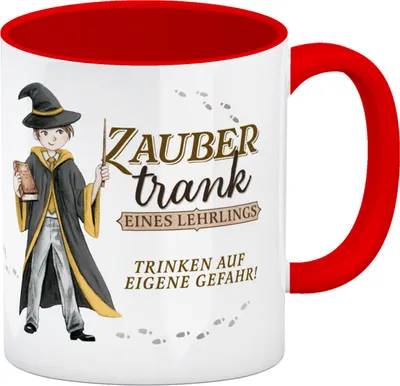 Produktbild von Zaubertrank Kaffeebecher in rot mit Zauberschüler in gelb