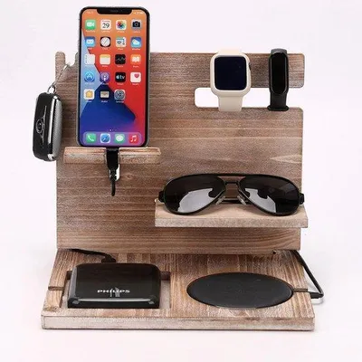 Imagen del producto de Base de madera Tomivo® para smartphone y accesorios: soporte para teléfono, organizador para mesita de noche y escritorio, multifuncional, 10,5 x 9,6 x 2 pulgadas
