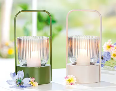 Produktbild von Gilde Windlicht, "Strike", Glas, Metall, grau, grün, L. 10 cm, B. 11 cm, H. 20.5 cm 69638 4063387696385 2 Stück (2-fach sortiert)