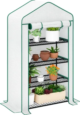 Image de Outsunny Serre de jardin PE avec étagères 4 niveaux, serre de balcon, bâche renforcée 135 g/m², châssis en acier, porte zippée enroulable, pour légumes plantes fleurs, 90 x 49 x 160 cm, blanc