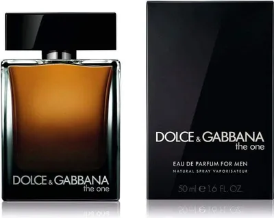 A bottle of Dolce & Gabbana The One for Men Eau de Parfum and its packaging are displayed side-by-side against a white background.