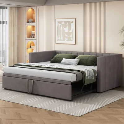 Zdjęcie produktu dla Łóżko tapicerowane Sweiko Rozkładana sofa 90/180x200 cm z listwową ramą, wielofunkcyjne łóżko z przyjaznego dla skóry szarego aksamitu,