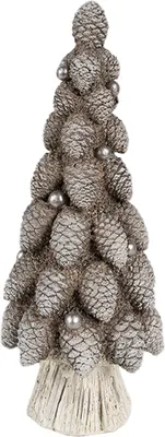 A decorative Christmas tree made of pinecones.