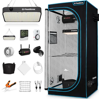 A collection of indoor grow tent equipment, including a grow tent, LED grow light, fan, filter, and accessories, arranged around the tent.