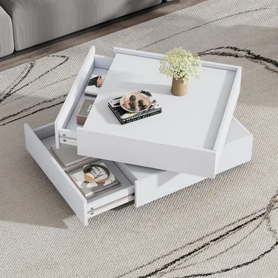 Immagine prodotto di Tavolino girevole a 360° bianco, con 2 ripiani e spazio contenitivo