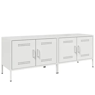 A white metal TV cabinet with four doors and four legs, shown against a white background.