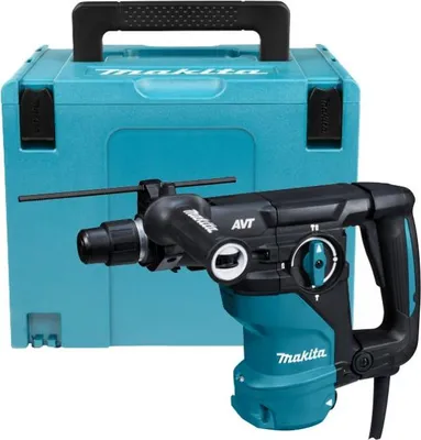 A Makita rotary hammer drill and its case are displayed against a white background.