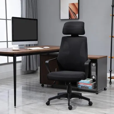 Productafbeelding van okwish: Verstelbare bureaustoel. Draaibare stoel met armleuningen en hoofdsteun. Lounge fauteuil met netstof bekleding en lendensteun, zwart