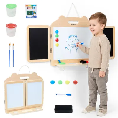 Image de Tableau magnétique pliable pour enfants, avec surface pour craies et tableau blanc effaçable, comprenant 4 aimants, un marqueur, 2 pinceaux, de la craie et une éponge