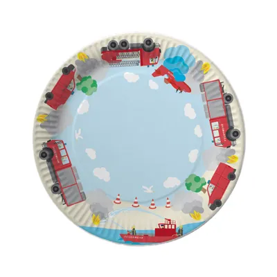 Produktbild von 8 Stück Pappteller mit Feuerwehrauto-Motiv für Kindergeburtstag, 23 cm Durchmesser