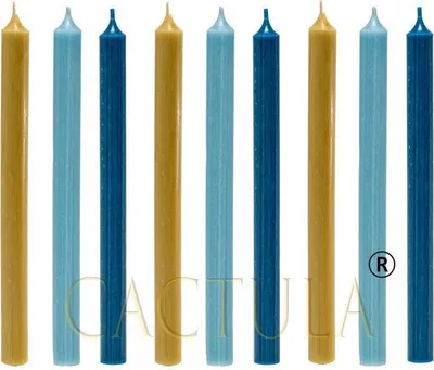 Produktbild von Cactula Lange Tischkerzen – 28 cm – Von Vermeer „Das Mädchen mit dem Perlenohrring“ inspirierte Farben – Dunkelblau, Ockergelb und Hellblau