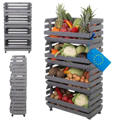 Produktbild von MODO24 Gemüseregal Holz, 4 Holzkisten, Kartoffelsteige, Obstregal, Rollenregal, Stapelbar, Vorratsregal, Massivholz Kiefer, 106x57x30 cm, Grau, RAWA