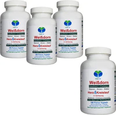Produktbild von Weissdorn Weißdorn 720 (4x180) Pulver Kapseln - Blätter Blüten Beeren - Ohne Zusatzstoffe Natur Pur.