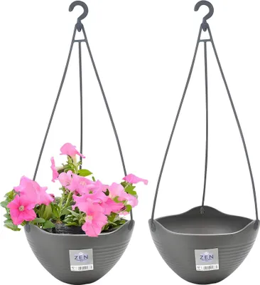 Image de lot de 2 pots de fleurs suspendus avec filet de contrôle de l'eau, rotation de 360 degrés Panier de pots de fleurs auto-absorbant Plastique Extérieur Intérieur Pots de fleurs Jardin Déco, Gris foncé, Diamètre 18cm
