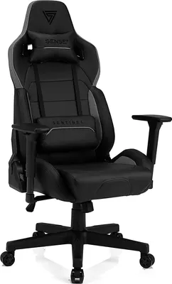 A black and gray gaming chair is shown against a white background.