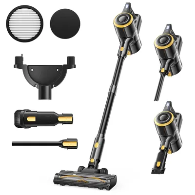 A cordless vacuum cleaner and its accessories are displayed against a white background.