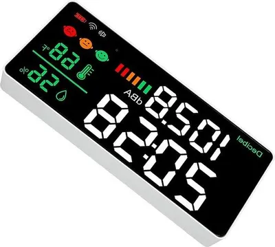 Zdjęcie produktu dla Elektroniczny miernik poziomu hałasu z 11-calowym wyświetlaczem LED, pomiar temperatury i wilgotności, zakres 30–130 dB, Wi-Fi 2,4 GHz, do sal lekcyjnych.
