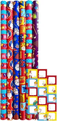 Productafbeelding van Assortiment sinterklaaspapier cadeaupapier inpakpapier voor Sinterklaas - 3 meter x 70 cm - 12 rollen inclucief labels