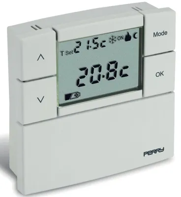 A white digital thermostat is shown against a white background.