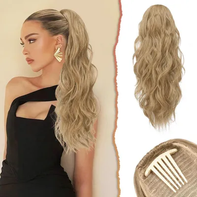 Productafbeelding van Haarstuk paardenstaart, 60 cm, golvend, synthetisch, met koordtrekker, clip, blond en asblond