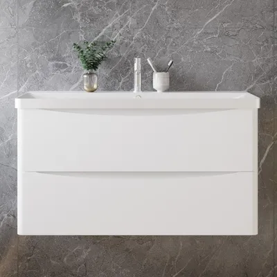 Produktbild von Waschtisch mit Unterschrank 100 cm Smiley Badmöbel Set Hochglanz Weiß Waschbecken mit Unterschrank MDF Softclose