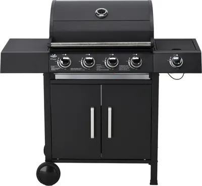 Produktbild von AGA Gasgrill BBQ8083, emaillierter Stahl, 4 Hauptbrenner + Seitenbrenner, Ablagetisch, 14 kW Leistung, B120xT48xH110 cm, Grillfläche 61,5x37,5 cm, Deckelthermometer, fahrbar, integrierte Zündung, Ablagerost