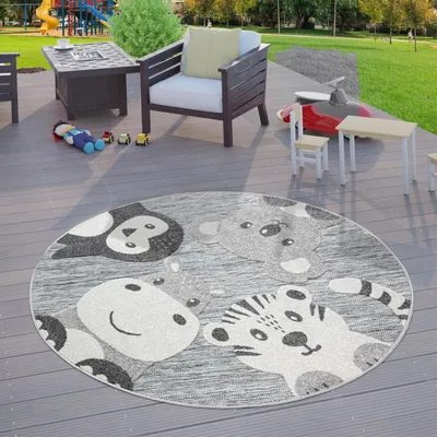 Produktbild von TT Home Kinderzimmer Kinder Outdoor Teppich Rund Spielteppich Tier Design Grau Größe 120 cm Rund