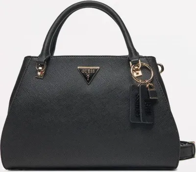 A black Guess handbag is shown against a white background.