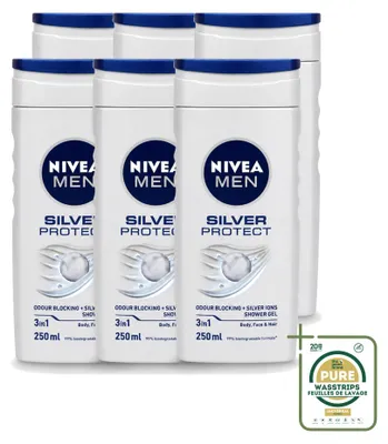 Zdjęcie produktu dla 6 sztuk żelu pod prysznic Nivea Men Silver Protect 3w1 - 250 ml - zestaw ekonomiczny