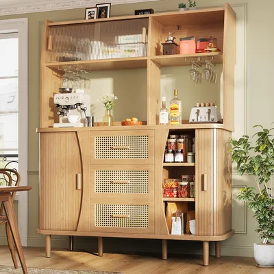 Produktbild von Küchenschrank mit Rattanoptik & Glasschiebetüren Hochschrank Küchenbuffet Vitrinenschrank Buffetschrank 140*40.5*174.5cm Holz
