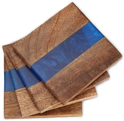 Produktbild von Houten Glazenbeschermer Set aus Holz und Harz Vierkant Blauw für Bar Deko