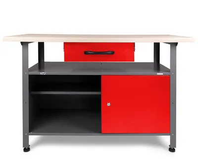 Produktbild von Ondis24 Metall Werkbank 120 cm "Klaus" Schublade & Tür abschließbar höhenverstellbare Füße 120x60x85 (H) cm Arbeitsplatte Holz Packtisch Werktisch Werkstatttisch Montagewerkbank