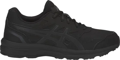 A black ASICS shoe is shown from the side against a white background.