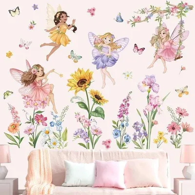 Immagine prodotto di Adesivi murali autoadesivi Ibenzoa® con fate, fiori e farfalle, ideali per la cameretta dei bambini – rimovibili e riutilizzabili