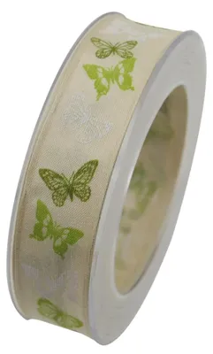 Produktbild von Schleifenband mit Drahtkante SCHMETTERLINGE grün (1m=0,50EUR) 20m Rolle Goldina