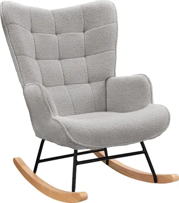 Produktbild von Schaukelstuhl Sessel Relaxsessel Schaukelsessel Wohnzimmersessel Schwingsessel Akzentstuhl für Schlafzimmer, Wohnzimmer Schaukelstuhl aus Teddy-Samt mit Karierter Rückenlehne, 68x75x92cm (grau)