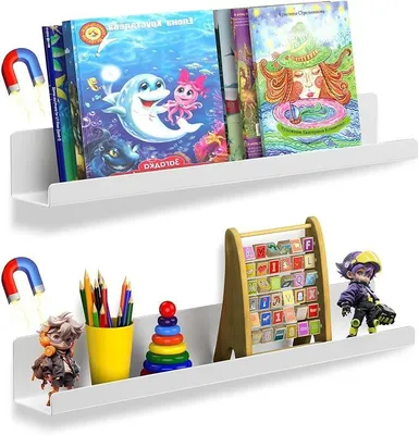 Produktbild von PolkaHome® Set von 2 magnetischen Wandregalen Weiß – Bohrfreie Hängeregal für Kinderzimmer, Bücher, Spielzeug, Küche, Bad, Büro