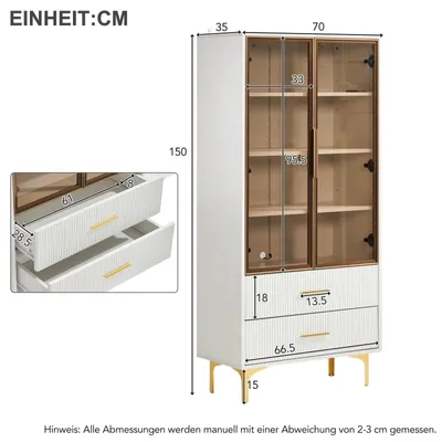 Image de Vitrine en verre - Meuble vitrine pour salon - Quatre niveaux - Étanchéité à la poussière - Éclairage LED - Portes en verre - Capteur intelligent - Dimensions : 70 x 35 x 150 cm - Blanc